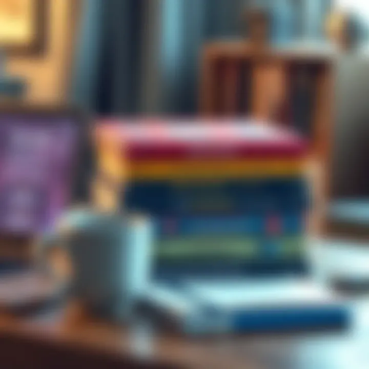 A stack of books about blockchain technology with a laptop and coffee cup on a desk