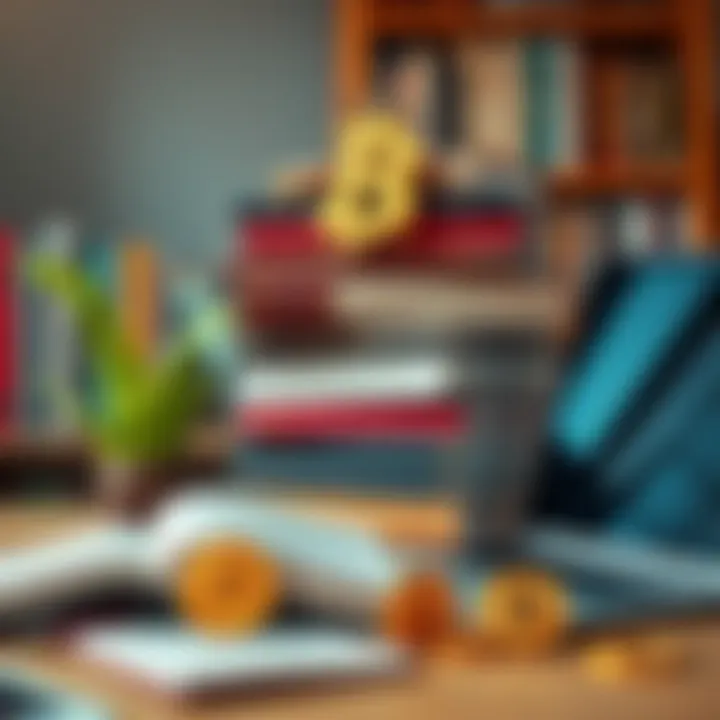 A collection of books stacked with Bitcoin symbols and a laptop, representing cryptocurrency investment journeys