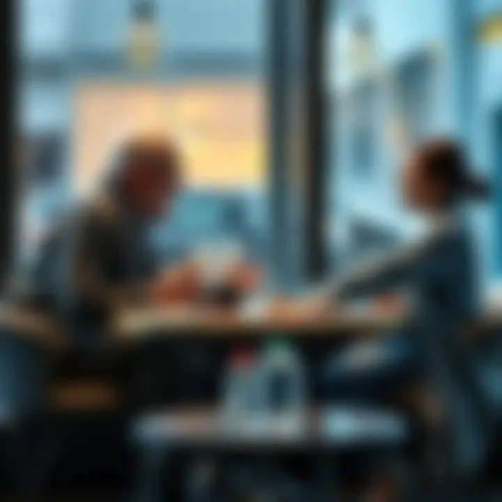 A baby boomer and a millennial sitting across from each other, discussing their different views on success and work-life balance in a casual setting.