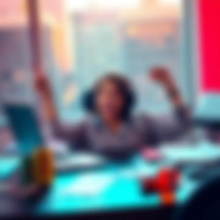 A person at a desk with a laptop showing a timer, excited to raise their SRB quickly, surrounded by notes and energy drinks.