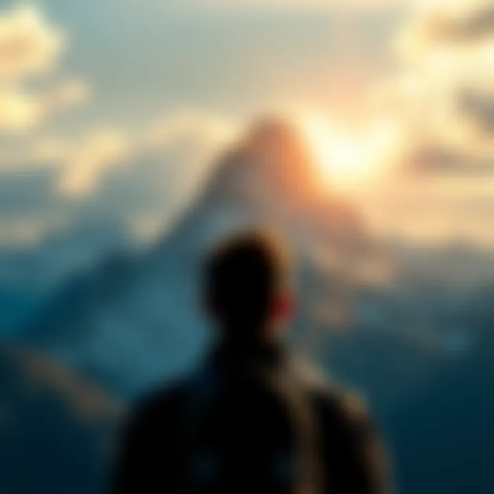 A person looking at a mountain peak, symbolizing raising standards and achieving goals.