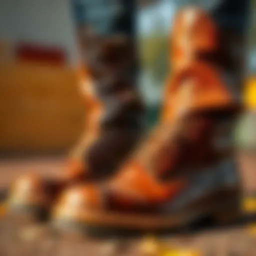 A pair of boots showing the lower leather section that can be changed, with the upper section intact, highlighting potential customization options.