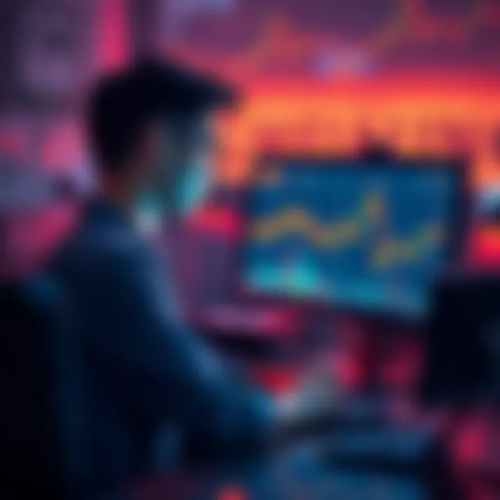 A person sitting at a computer looking bored while checking cryptocurrency prices on a screen