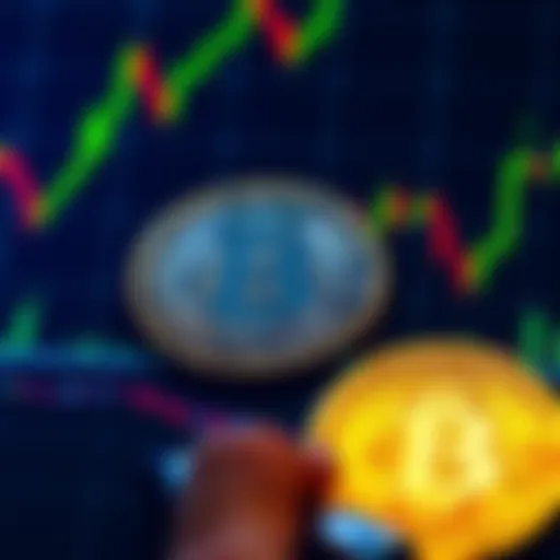 A graphic showing Bitcoin coins with a background of financial charts and a person contemplating borrowing to invest more in Bitcoin