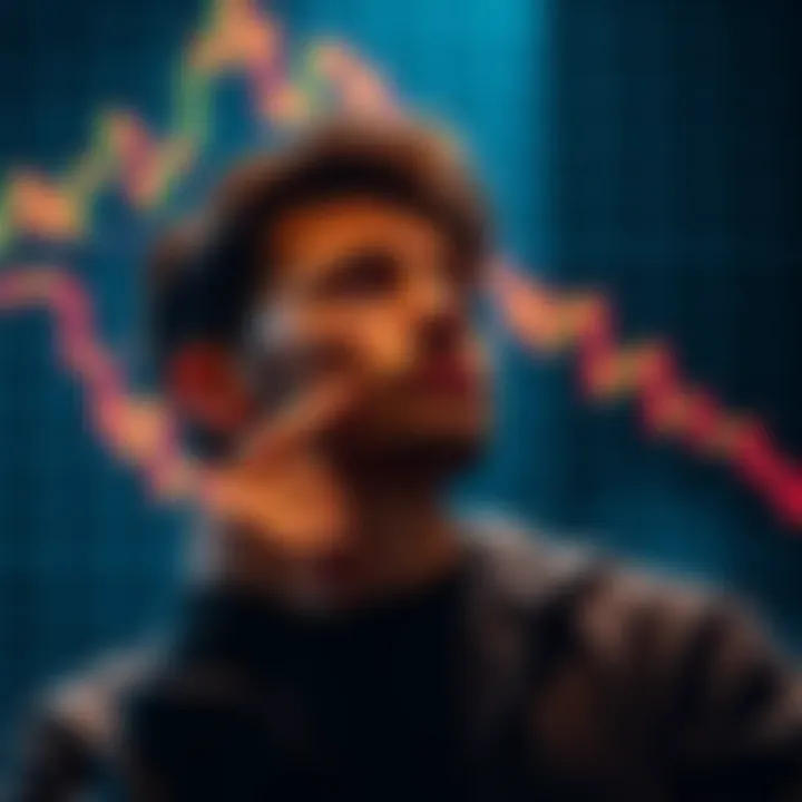 A person contemplating borrowing against Bitcoin during a bear market, with a chart showing declining prices in the background.