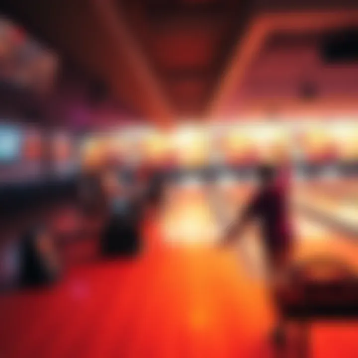 A bowling alley filled with players competing, showing scores on screens and players celebrating.