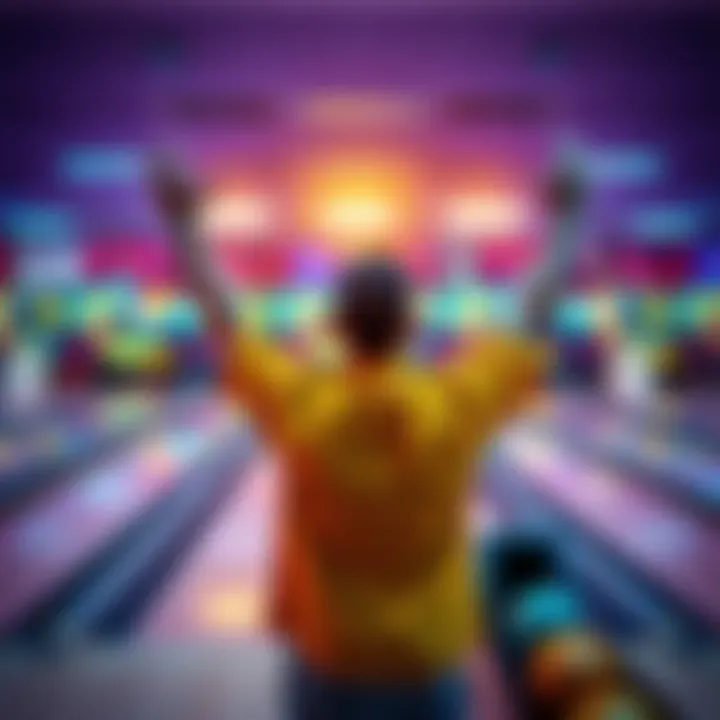 A bowling player raises arms in celebration after a series of victories at the bowling alley