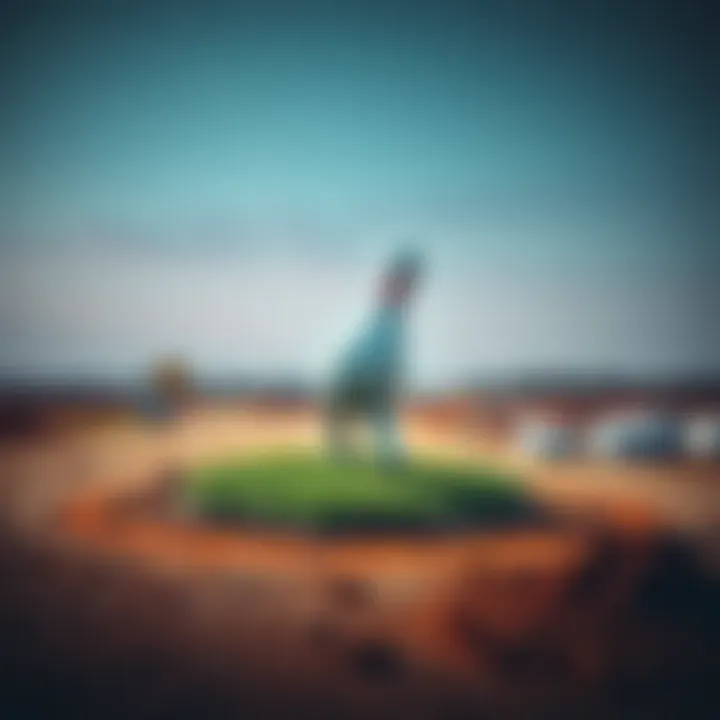 A bowling statue stands alone on a grassy land plot, surrounded by dirt and construction materials, with no ownership tags visible.