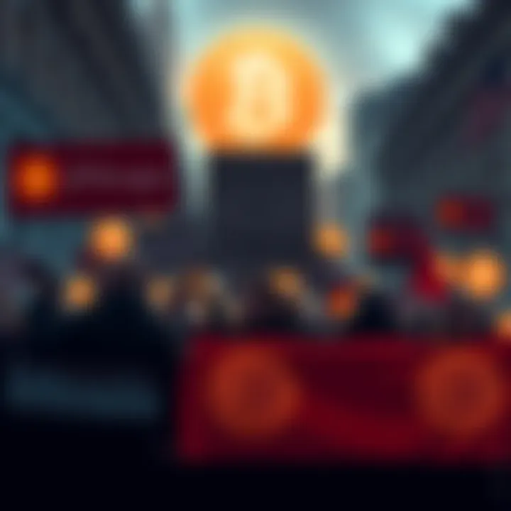 People holding signs and banners protesting against JPMorgan with Bitcoin symbols in the background