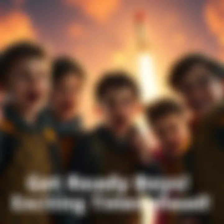 A group of boys with excited expressions, preparing for an adventure with a rocket in the background