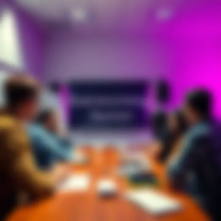 Group of people brainstorming ideas in a meeting room, with notes and a whiteboard visible.