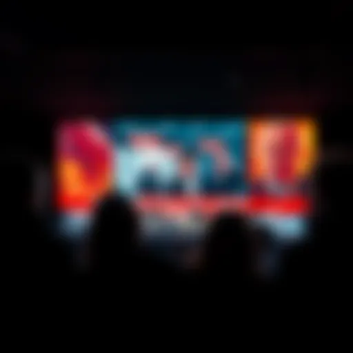 A group of concerned people watching news on a large screen, showing headlines of recent shocking events.