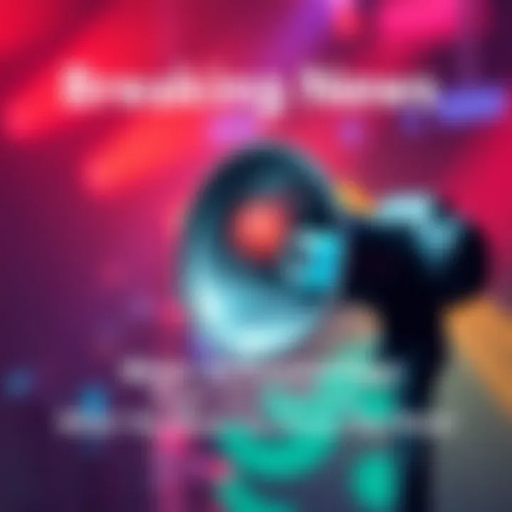 Breaking News Update A graphic showing a loudspeaker broadcasting urgent news with a colorful background