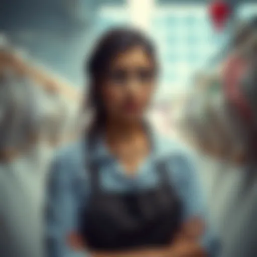 A bridal shop employee looks overwhelmed at work, surrounded by wedding dresses and facing a tough boss.