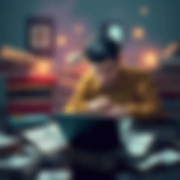A person coding intensely on a laptop, surrounded by coding books and frustrated bank statements, symbolizing a rebellion against traditional banking.