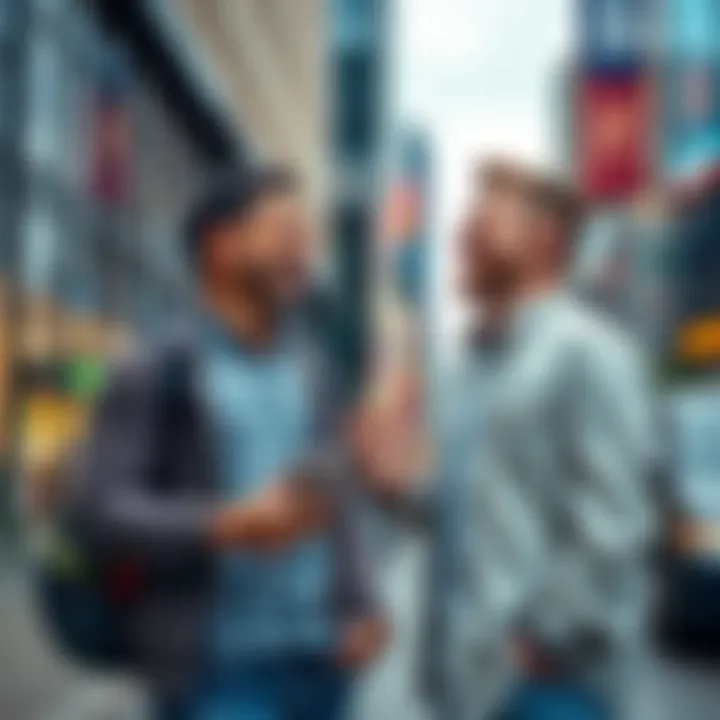 Two brothers laughing and discussing stock market trends while standing on a city street