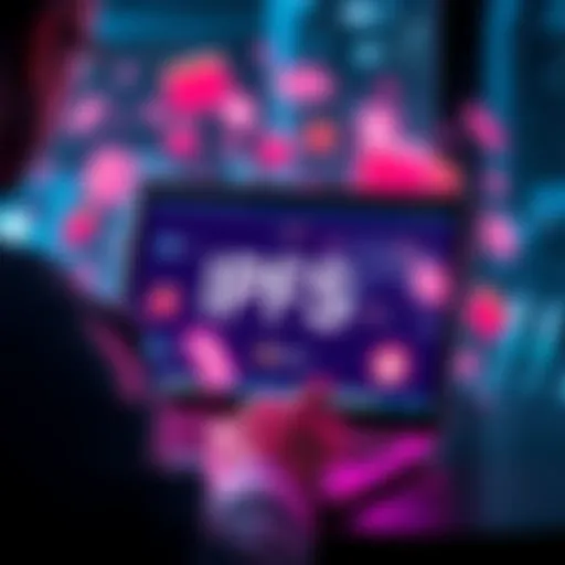 A person using a laptop to explore the IPFS network, with digital content icons floating around the screen, representing global shared files.