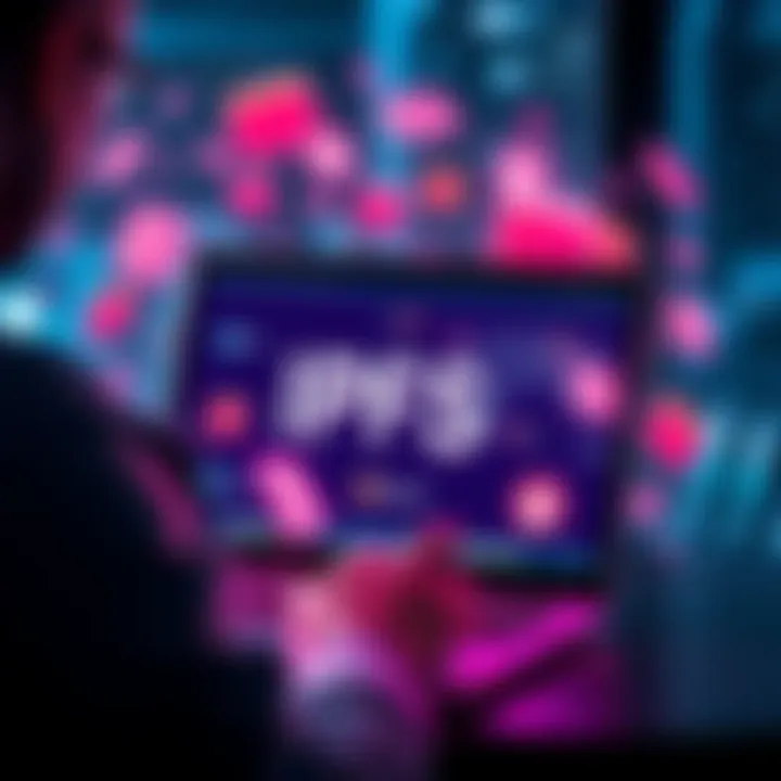 A person using a laptop to explore the IPFS network, with digital content icons floating around the screen, representing global shared files.