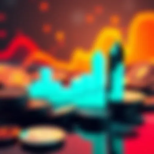 A chart showing investment trends for Bitcoin and Ethereum with upward and downward arrows, surrounded by coins representing digital currencies.