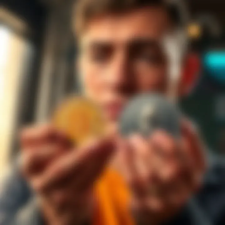 A person holds Bitcoin and Ethereum coins, contemplating a trade between them, with a thoughtful expression on their face.