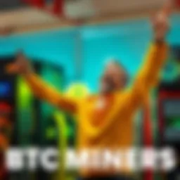 A person celebrating their Bitcoin mining success with equipment in the background, representing a low-cost mining setup that yielded high profits.