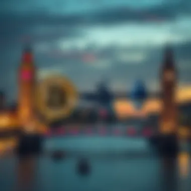 A graphic showing Bitcoin and Ethereum logos connected by an arrow, symbolizing a swap process with a London skyline in the background.