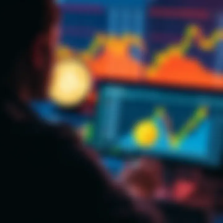 A person looking at a computer screen displaying cryptocurrency exchange rates, focusing on Bitcoin and Monero, with charts and graphs in the background.