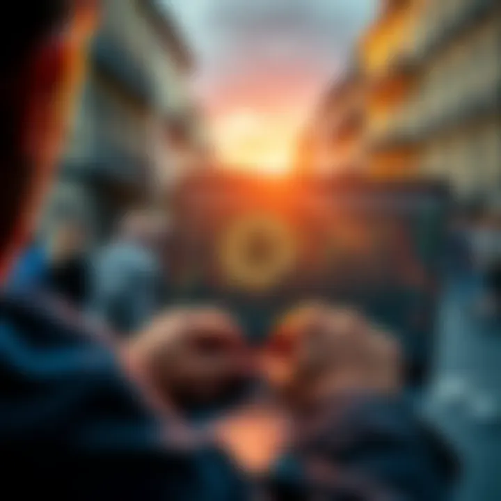 A person analyzing BTC trading options with euros and USDC on a laptop screen in a European city setting.