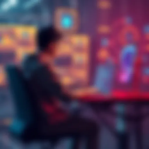 A person sitting at a desk, working on a laptop with AI code on the screen and robotic elements around them.