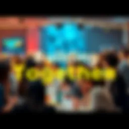 A diverse group of people engaging in a community event, sharing ideas and collaborating, with a vibrant atmosphere.