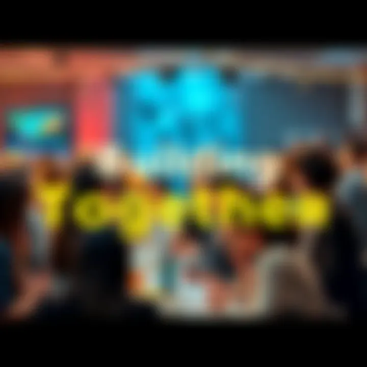 A diverse group of people engaging in a community event, sharing ideas and collaborating, with a vibrant atmosphere.