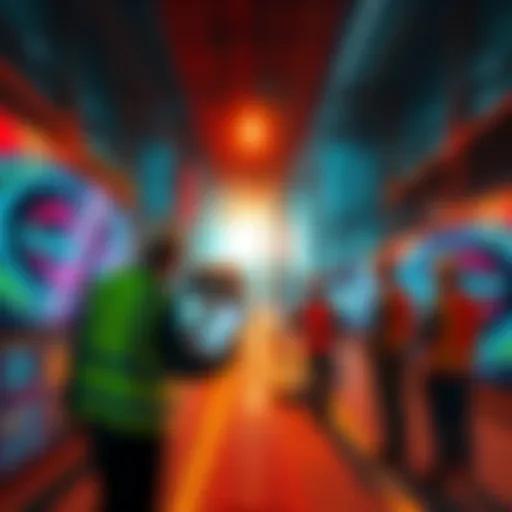 A visual representation of blockchain technology speeding up building permits, featuring construction workers and digital screens.