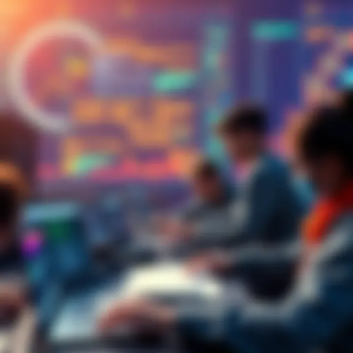 Building DApps with GCScript A group of developers collaborating to create decentralized applications using GCScript and UDC, featuring laptops and digital interfaces.