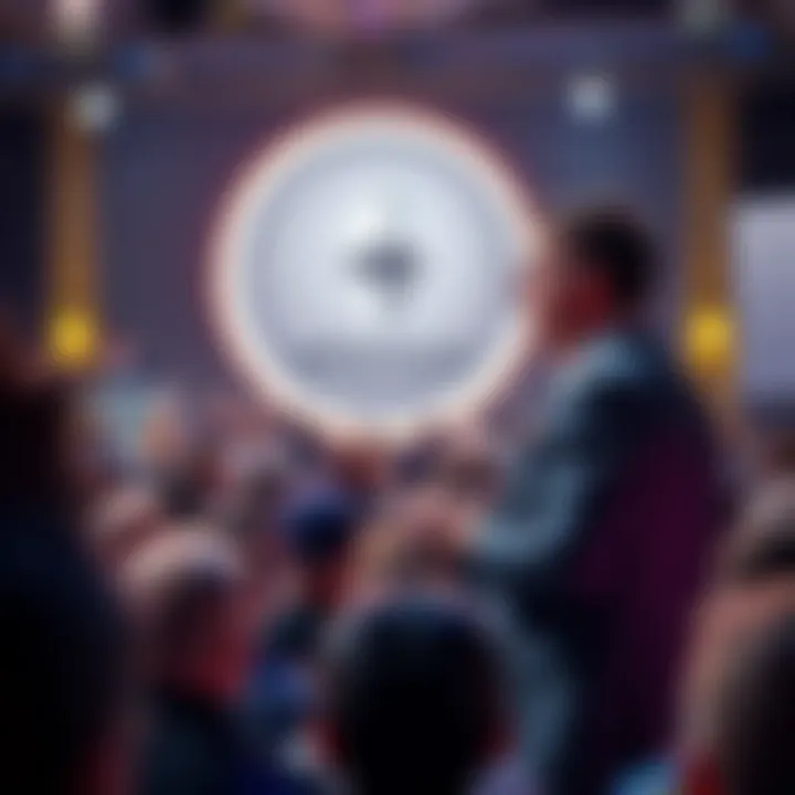 Tom Lee speaking at conference, with Ethereum logo in background and audience engaged