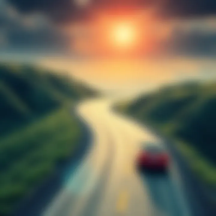 Bumpy Road Journey A winding road showing ups and downs with a car driving on it, symbolizing life's challenges and adventures.