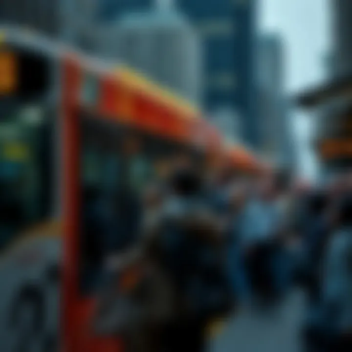 A bus waiting at a crowded city stop with people looking frustrated as they check their watches