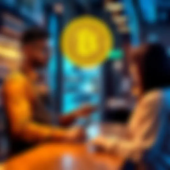 A business owner at a counter accepting Bitcoin payments from a customer using a mobile device, with a Bitcoin logo displayed.