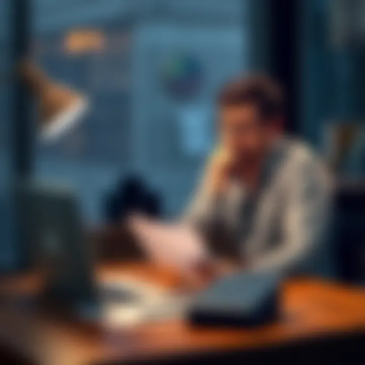 A worried business owner sits at a desk, looking at financial documents and a laptop, reflecting on losses from a loan backed by Bitcoin.