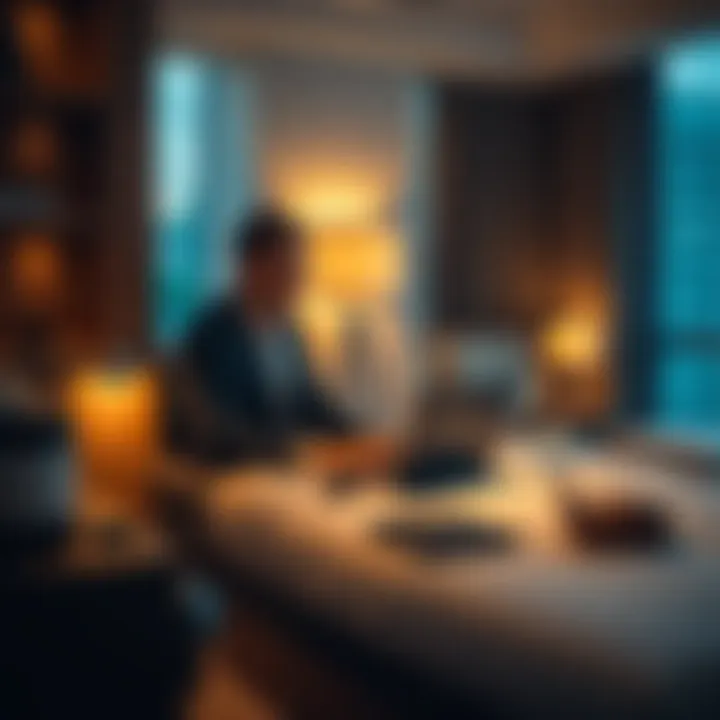 A traveler sits at a desk in a hotel room, using a laptop with hotel amenities around, focusing on mining opportunities during their stay.