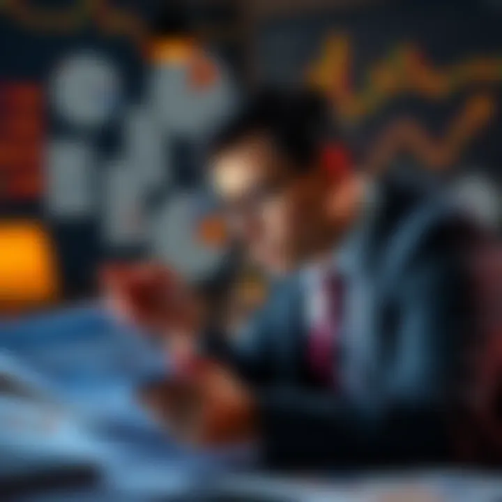 A business professional analyzing graphs and charts to understand profitability issues, with a concerned expression, surrounded by financial reports.