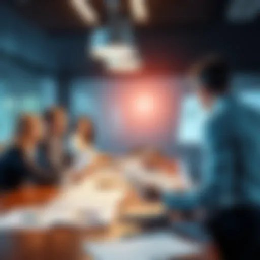 A group of business professionals discussing liquidation strategies in a meeting room with charts and documents on the table.