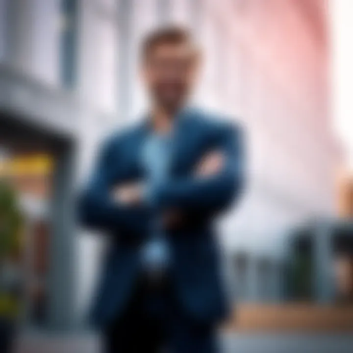 A confident business owner standing in front of a modern office building, showcasing their leadership and influence in today's market.