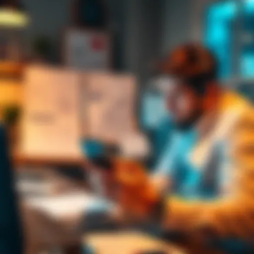 A business owner checks the Revolut Pro app on a smartphone while sitting at a desk with invoices and a laptop in the background
