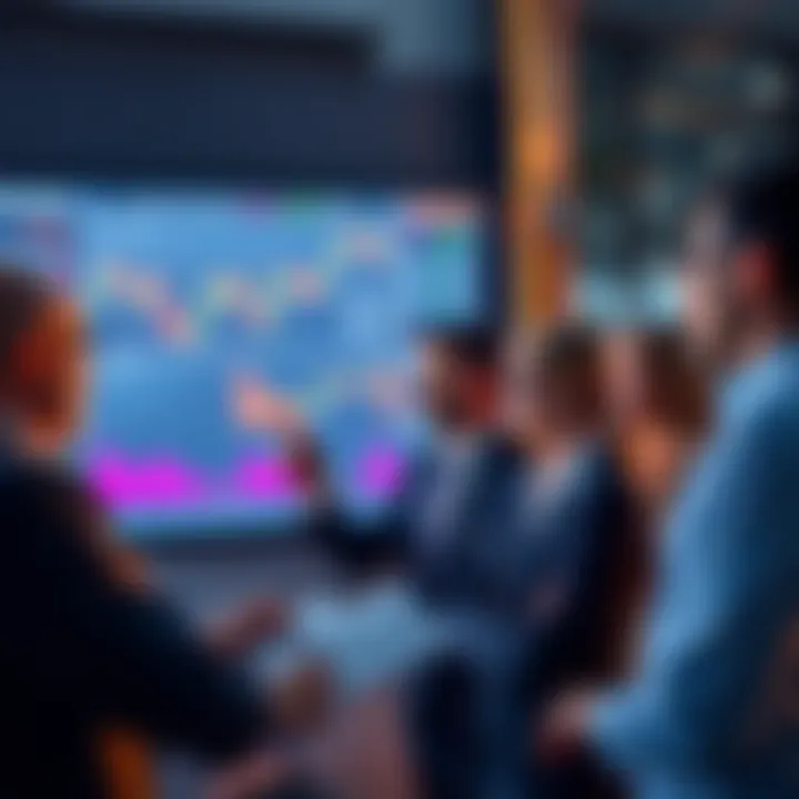 Group of business professionals reviewing charts and data on a digital screen to strategize market investments