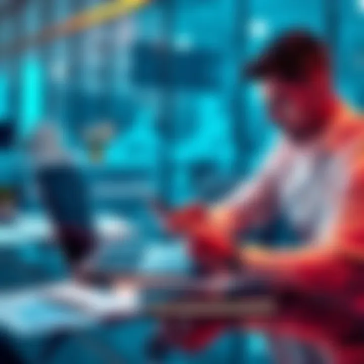 A businessman is making a cryptocurrency payment with a mobile app while sitting at a desk with a laptop and financial documents.