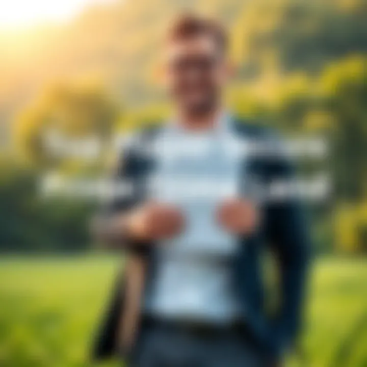 A confident businessman holding land acquisition documents while standing on a green field, symbolizing new ventures,