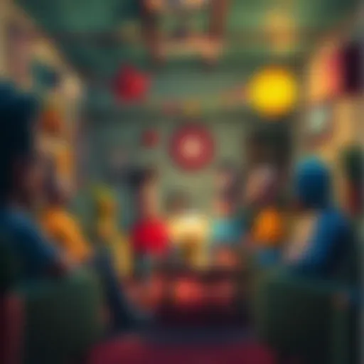 A group of Buttcoiners discussing their unconventional living conditions in a whimsical setting with humorous decorations.