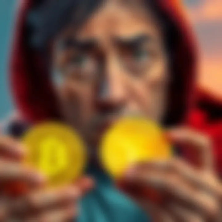 A buyer looks disappointed while holding two coins labeled Fartcoin and Kaspa, with a confused expression as they ponder their investment decision.