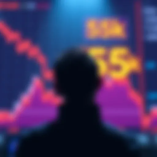 A person considering purchasing more Algo tokens in front of a digital price chart showing 55k