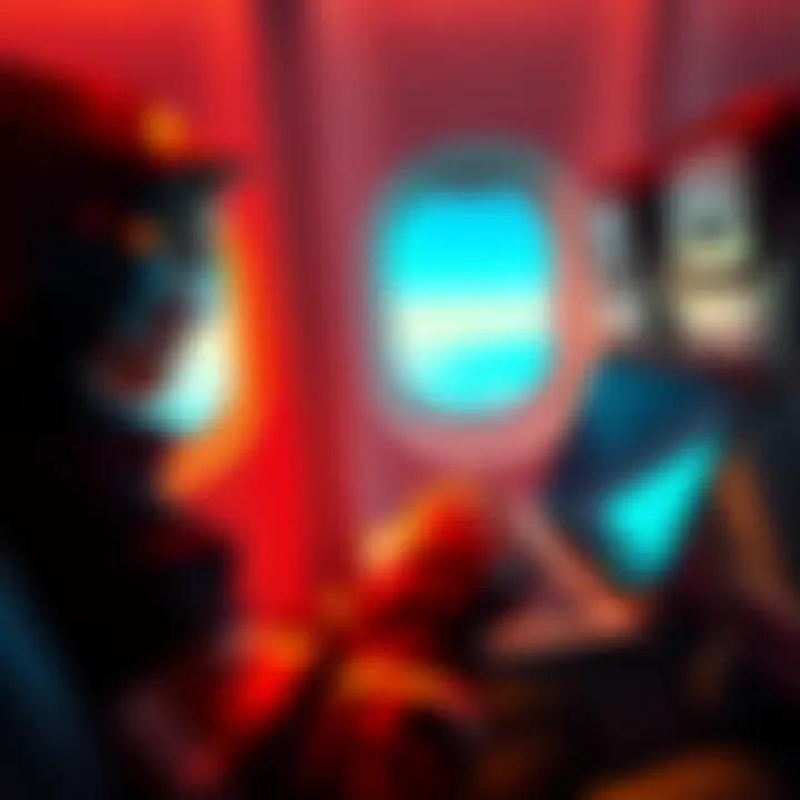 A person using a laptop on an airplane to purchase game badges with in-flight WiFi